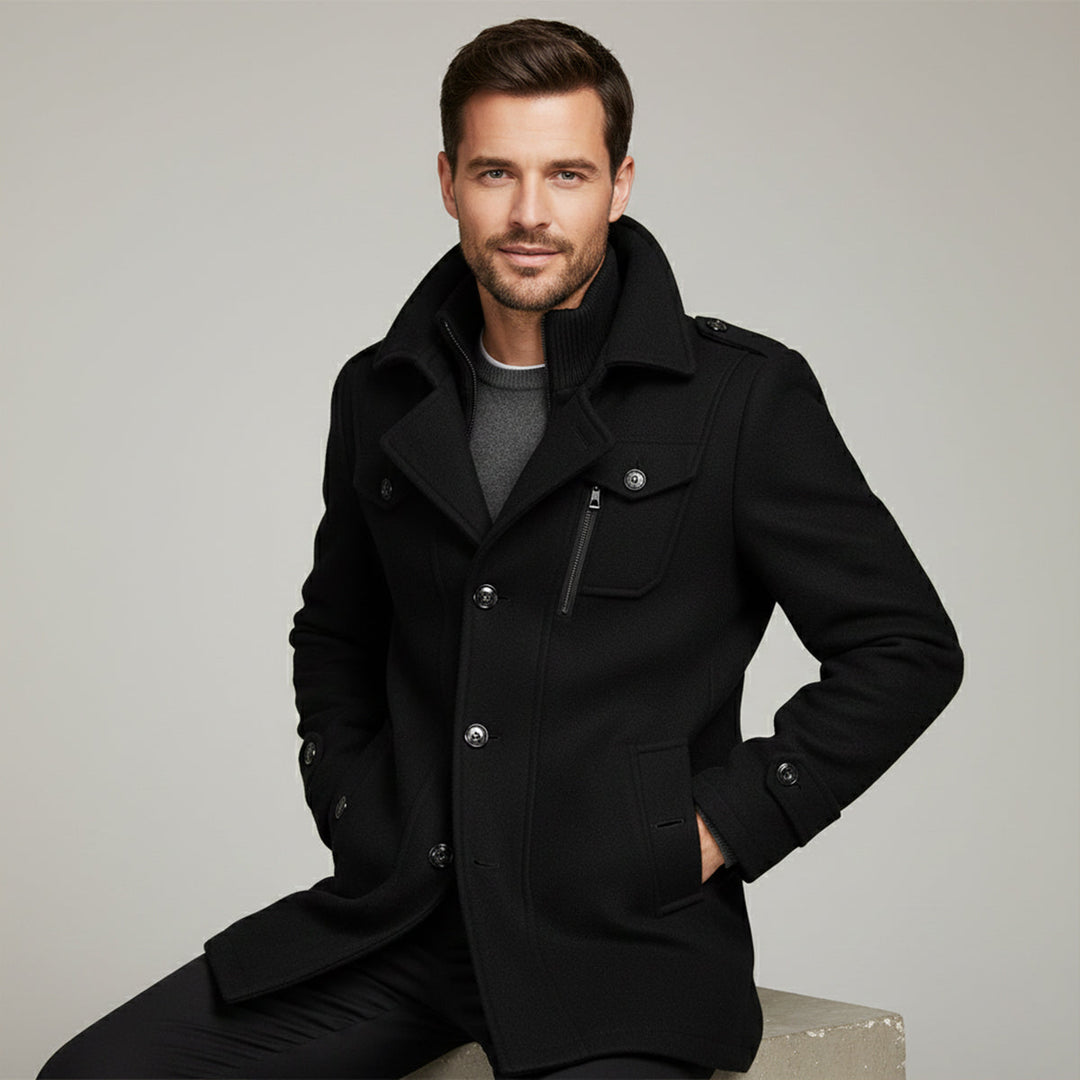 Men's long structured coat with stand collar, zip front, buttons and flap pockets