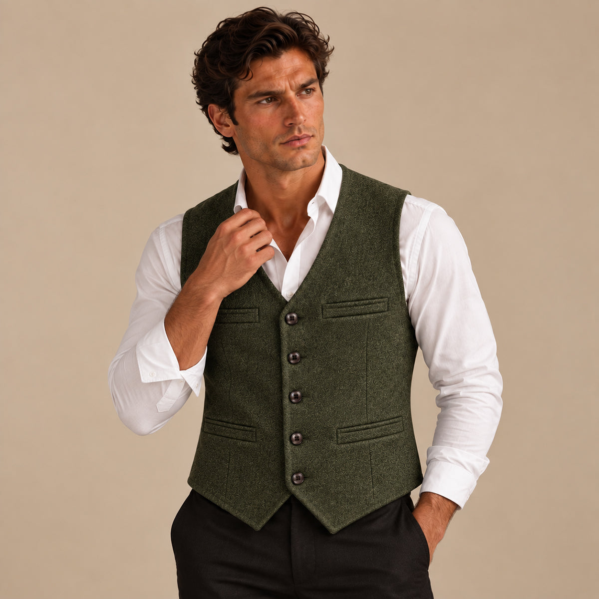 Men's sleeveless textured button waistcoat with V-neck and front pockets