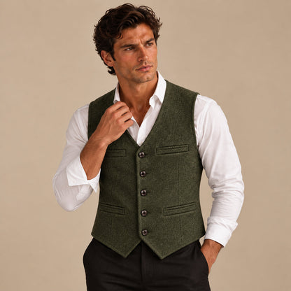 Men's sleeveless textured button waistcoat with V-neck and front pockets