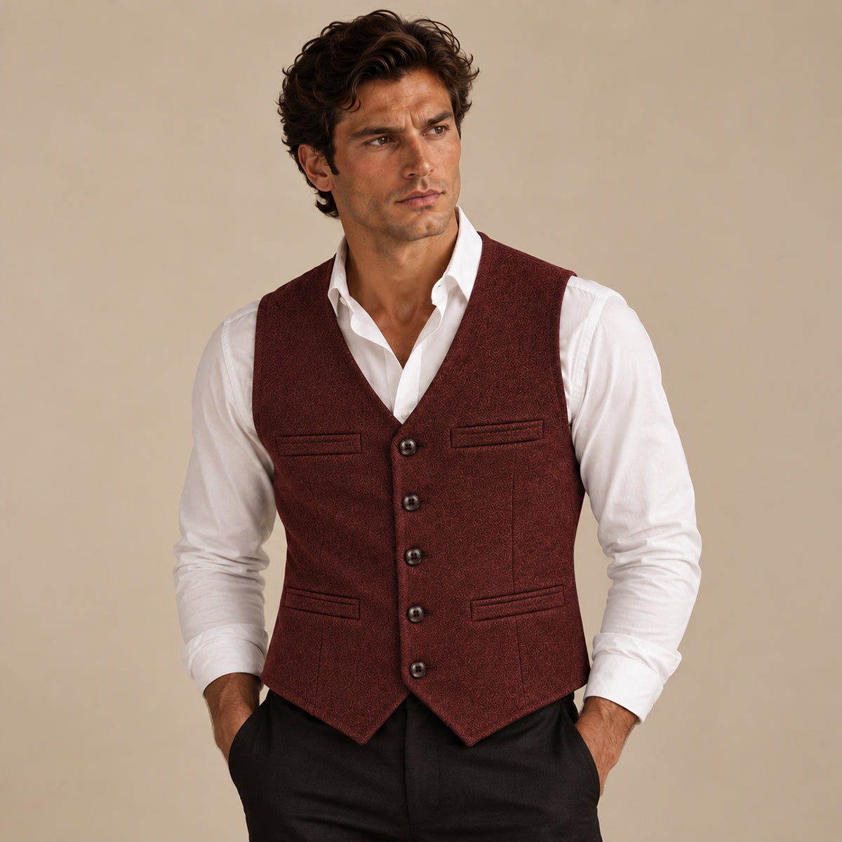 Men's sleeveless textured button waistcoat with V-neck and front pockets