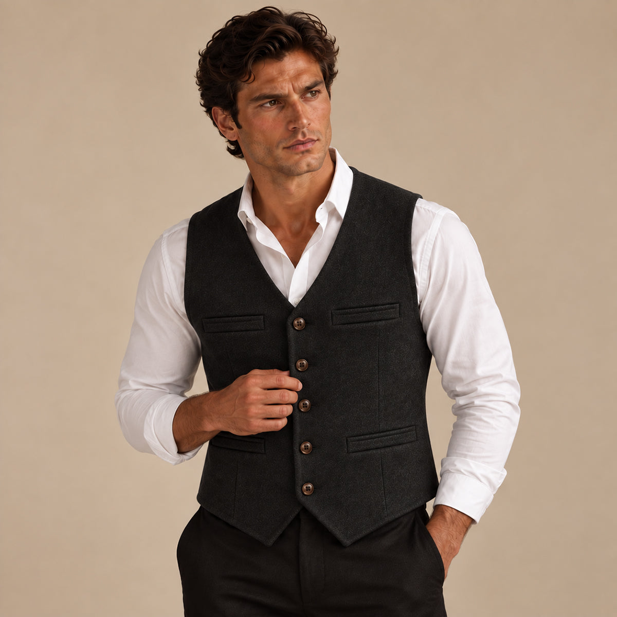 Men's sleeveless textured button waistcoat with V-neck and front pockets