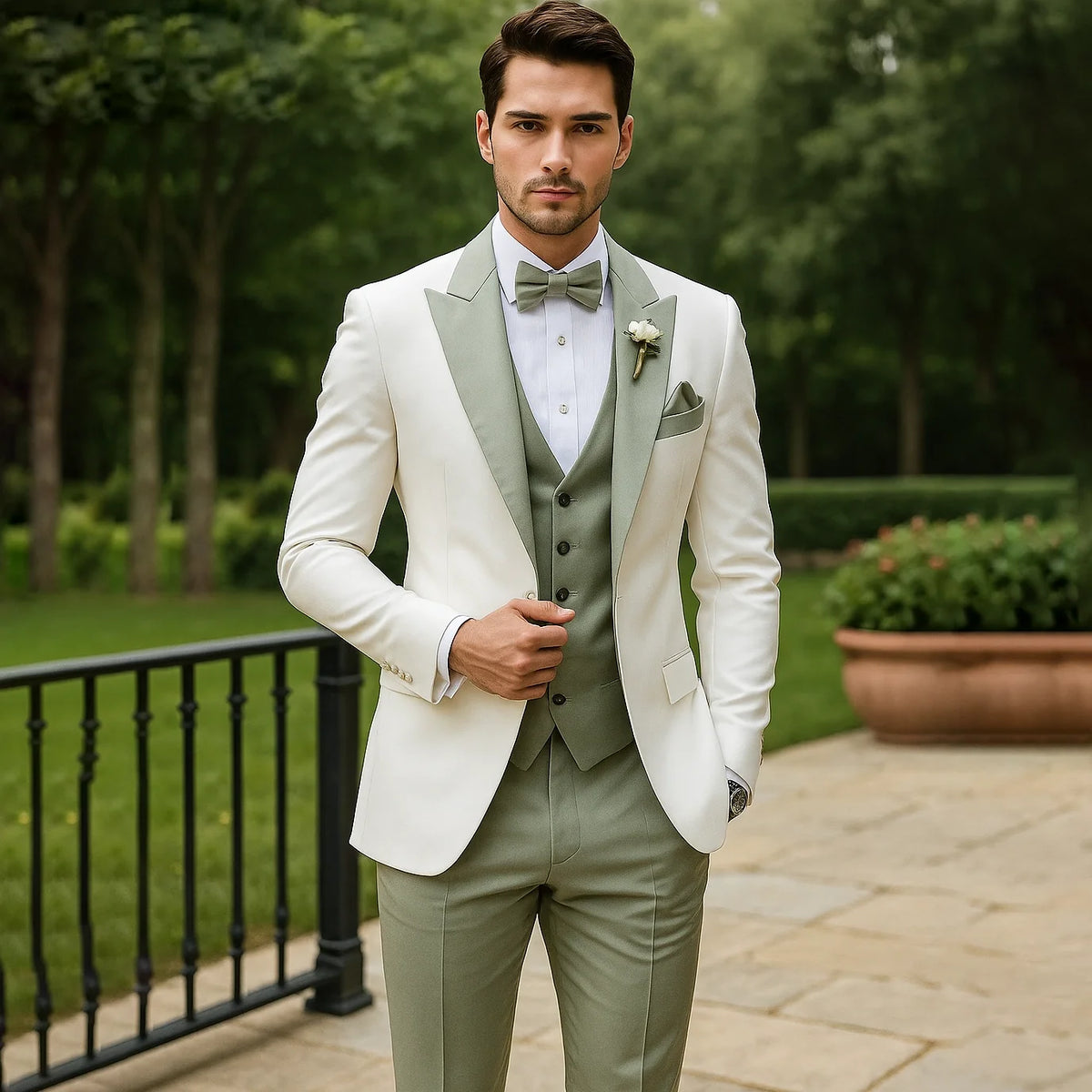 Men's three-piece tuxedo suit with shawl lapel, waistcoat, bow tie and trousers