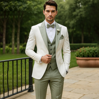 Men's three-piece tuxedo suit with shawl lapel, waistcoat, bow tie and trousers