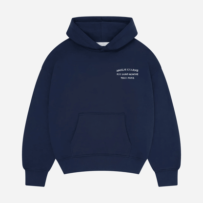 Unisex pullover hoodie with hood, kangaroo pocket and chest text