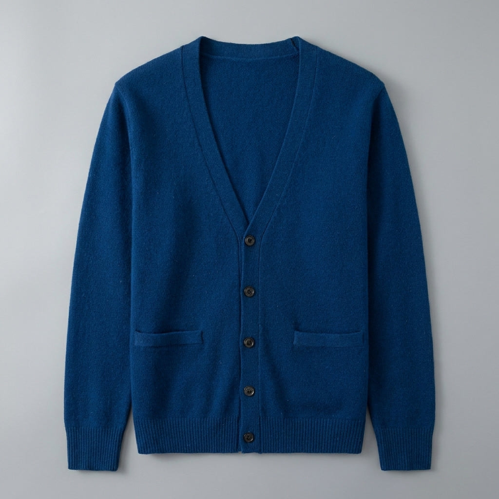 Men's V-neck button cardigan with long sleeves, ribbed trims and front pockets