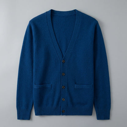 Men's V-neck button cardigan with long sleeves, ribbed trims and front pockets
