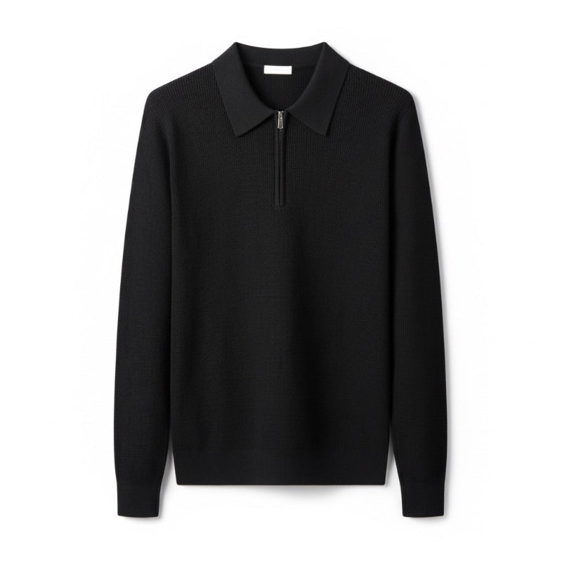 Men's knitted polo sweater with pointed collar and half-zip fastening
