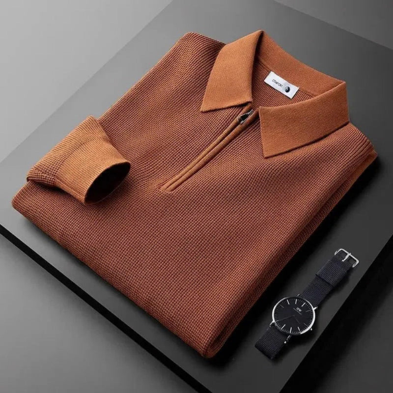 Men's knitted polo sweater with pointed collar and half-zip fastening