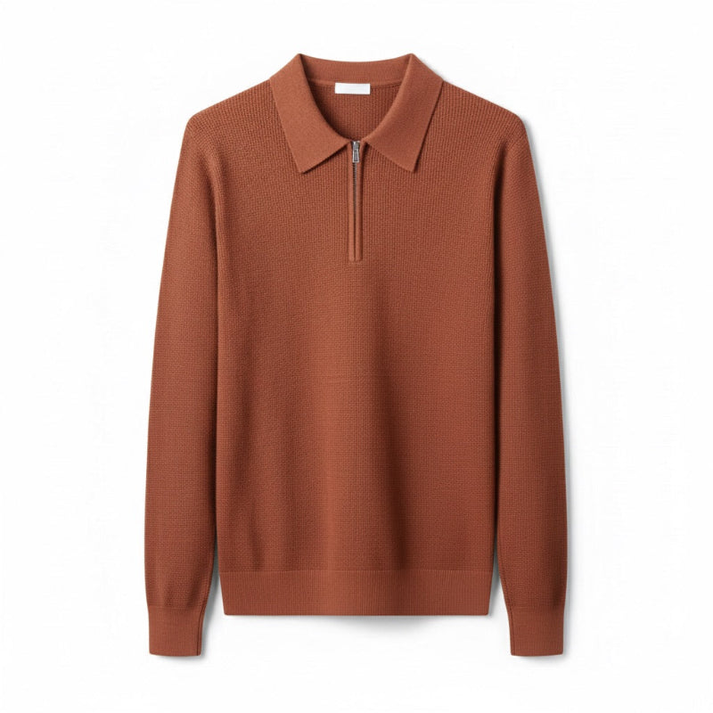 Men's knitted polo sweater with pointed collar and half-zip fastening
