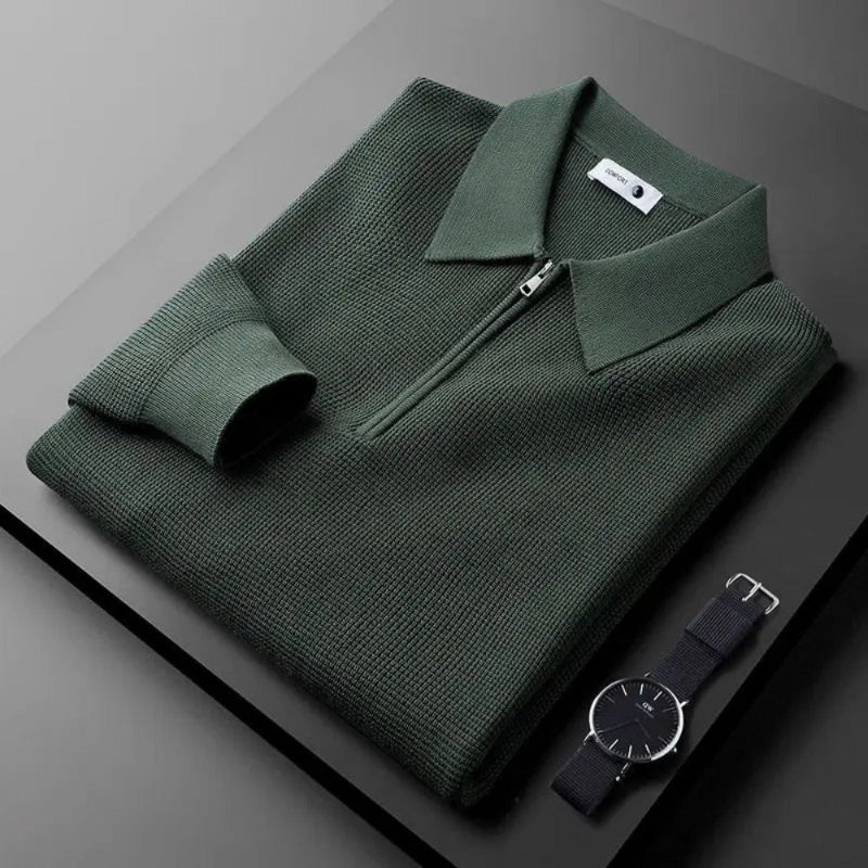 Men's knitted polo sweater with pointed collar and half-zip fastening