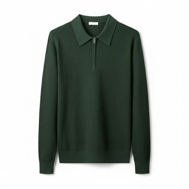 Men's knitted polo sweater with pointed collar and half-zip fastening