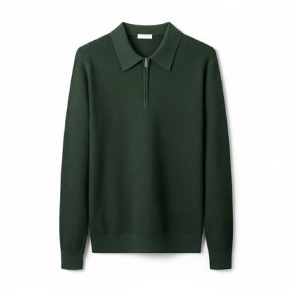 Men's knitted polo sweater with pointed collar and half-zip fastening