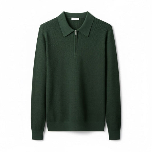Men's knitted polo sweater with pointed collar and half-zip fastening