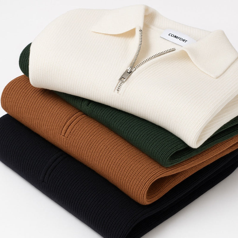 Men's knitted polo sweater with pointed collar and half-zip fastening