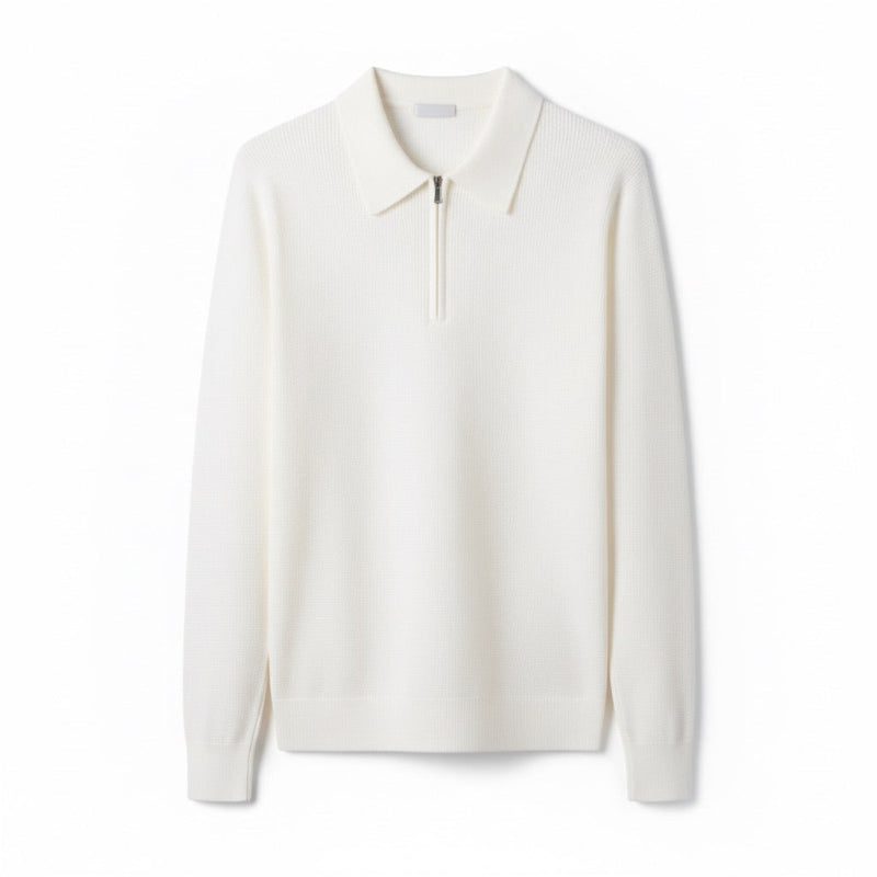 Men's knitted polo sweater with pointed collar and half-zip fastening
