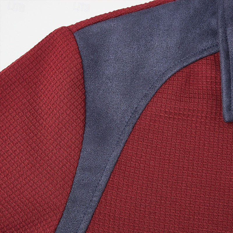 Men's long-sleeved ribbed quarter-zip jumper with contrast panels, elbow patches and chest pocket