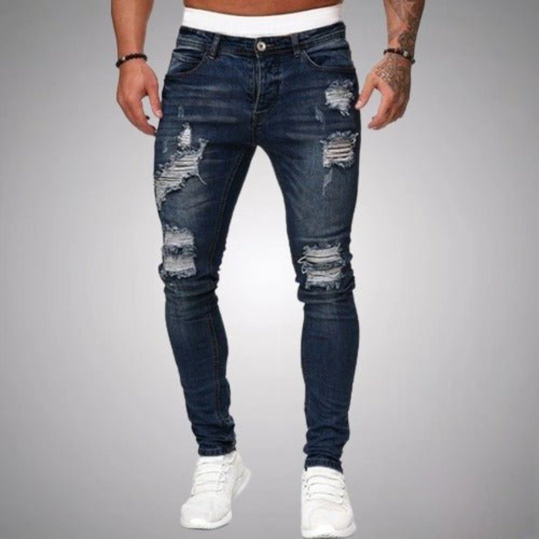 Men's skinny distressed jeans shown in multiple denim colours with ripped front detailing