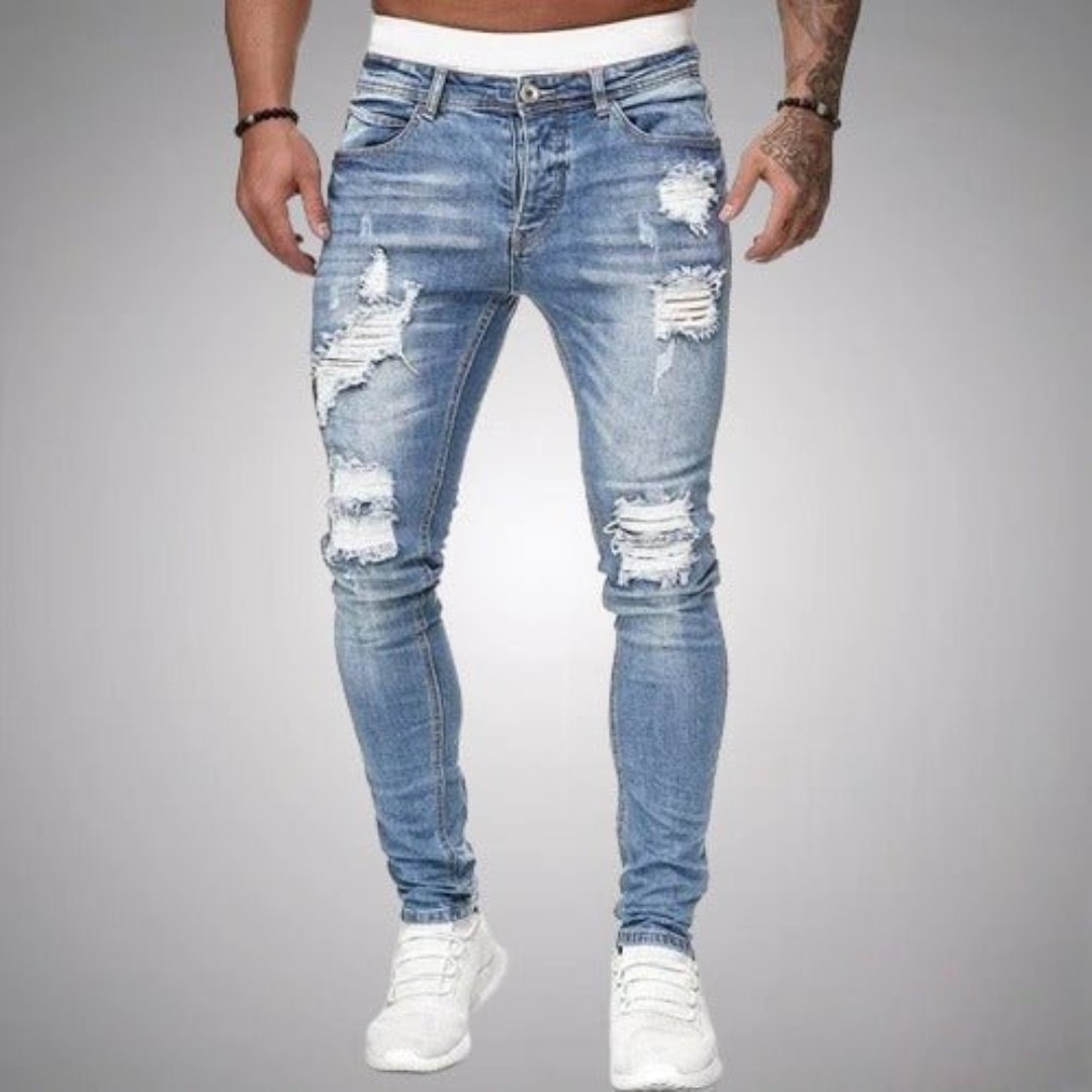 Men's skinny distressed jeans shown in multiple denim colours with ripped front detailing