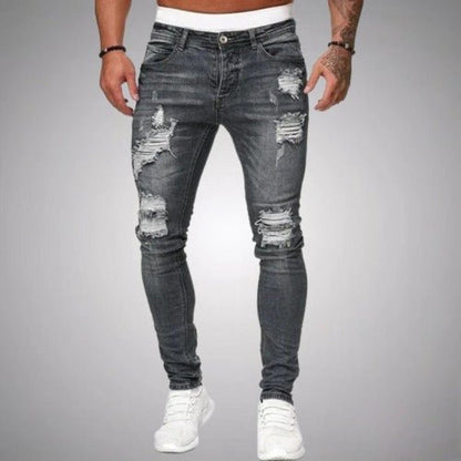 Men's skinny distressed jeans shown in multiple denim colours with ripped front detailing