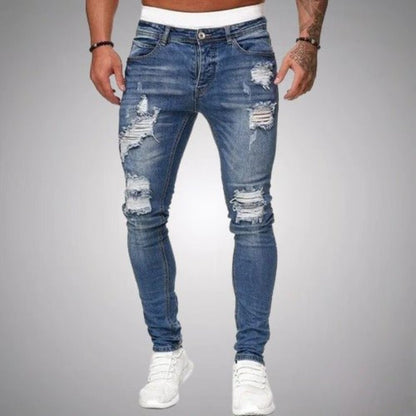 Men's skinny distressed jeans shown in multiple denim colours with ripped front detailing