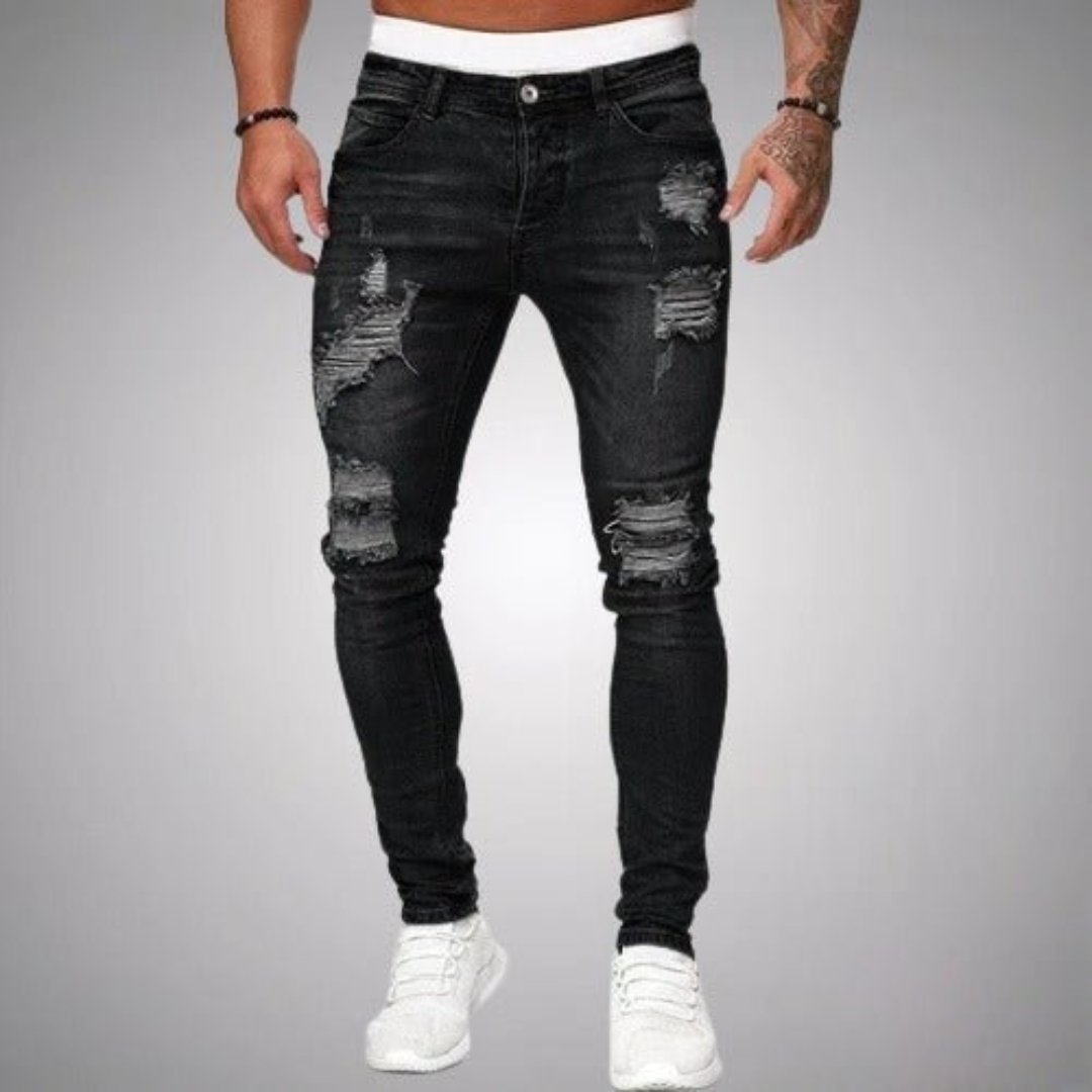 Men's skinny distressed jeans shown in multiple denim colours with ripped front detailing