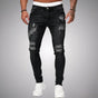 Men's skinny distressed jeans shown in multiple denim colours with ripped front detailing