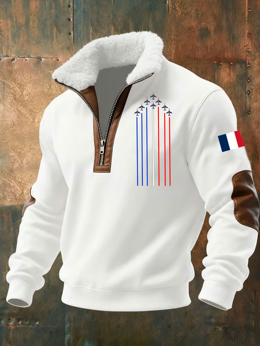 Men's hooded quarter-zip sweatshirt with aircraft graphics and contrasting sleeve panels