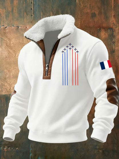Men's hooded quarter-zip sweatshirt with aircraft graphics and contrasting sleeve panels