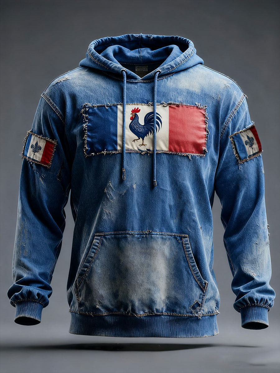 Men's blue distressed hoodie with French flag and rooster patches