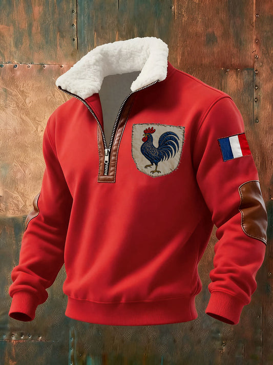 Men's half-zip sweatshirt with French flag patches, rooster embroidery and contrasting collar