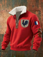 Men's half-zip sweatshirt with French flag patches, rooster embroidery and contrasting collar