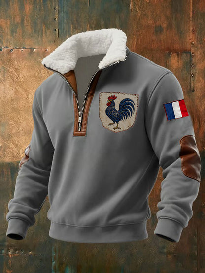 Men's half-zip sweatshirt with French flag patches, rooster embroidery and contrasting collar
