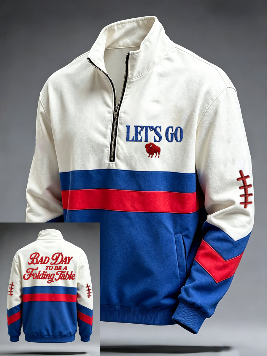 Men's white, blue and red striped quarter-zip sweatshirt with football graphics
