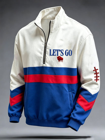 Men's white, blue and red striped quarter-zip sweatshirt with football graphics