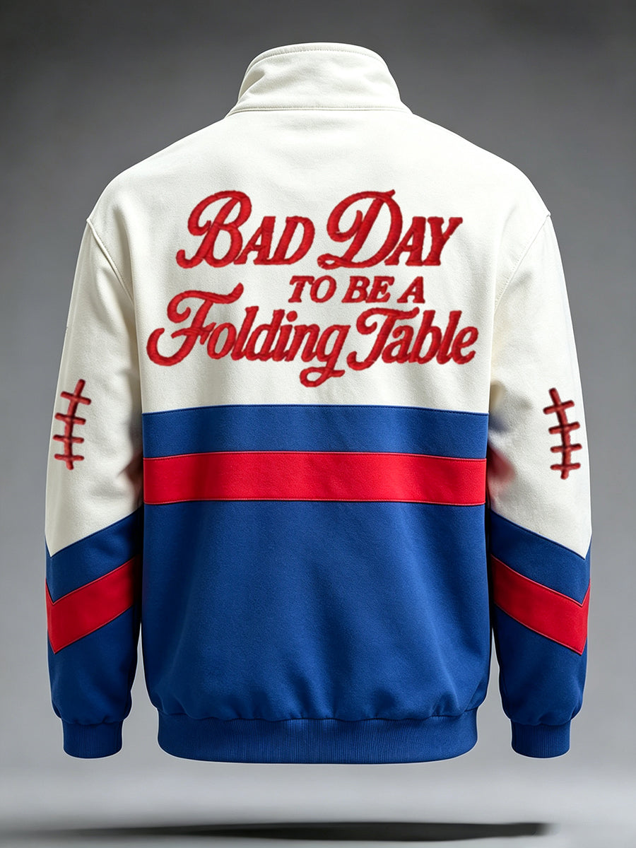 Men's white, blue and red striped quarter-zip sweatshirt with football graphics
