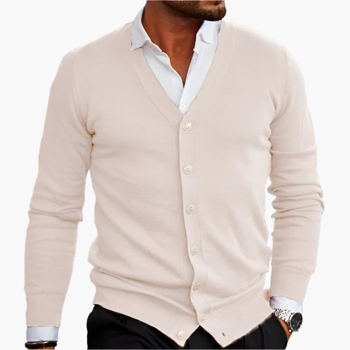 Men's V-neck button cardigan layered over a shirt