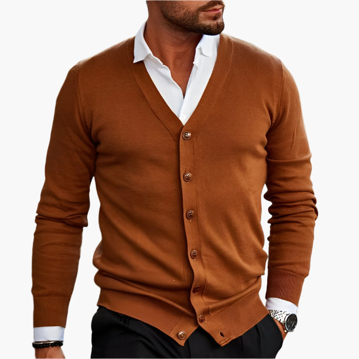 Men's V-neck button cardigan layered over a shirt