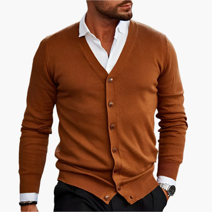Men's V-neck button cardigan layered over a shirt