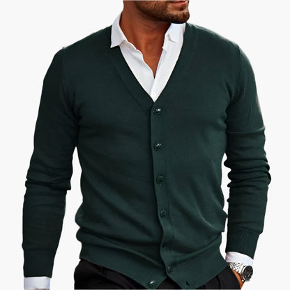 Men's V-neck button cardigan layered over a shirt