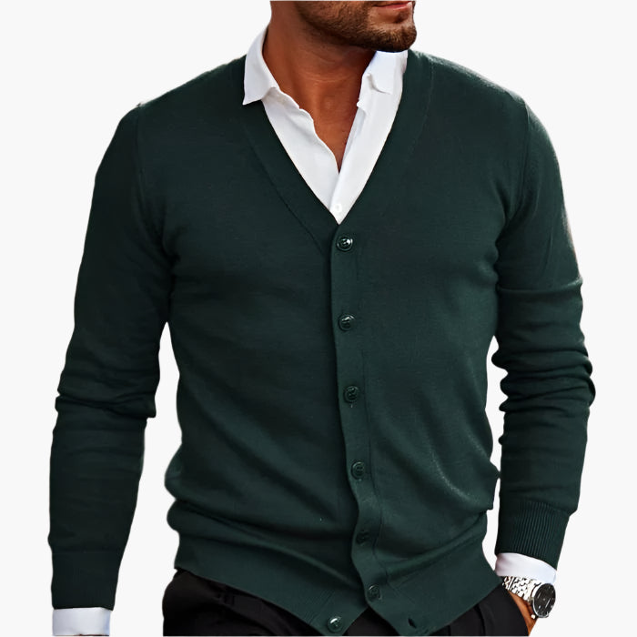 Men's V-neck button cardigan layered over a shirt