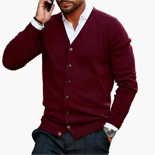 Men's V-neck button cardigan layered over a shirt