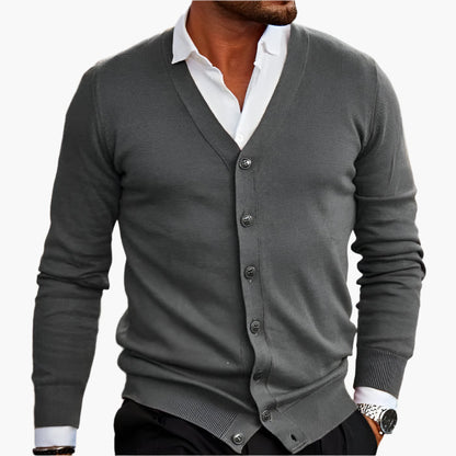 Men's V-neck button cardigan layered over a shirt
