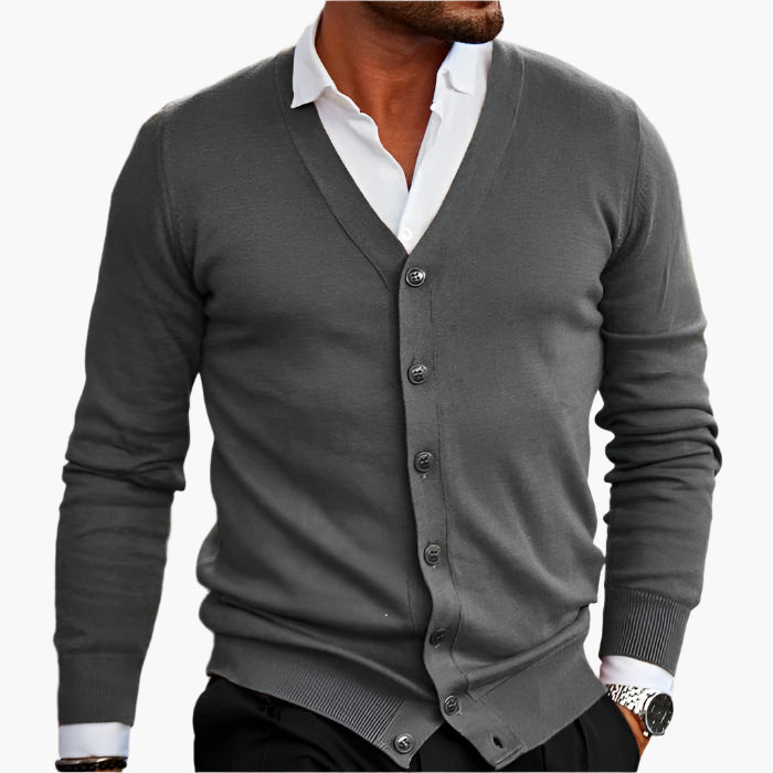 Men's V-neck button cardigan layered over a shirt