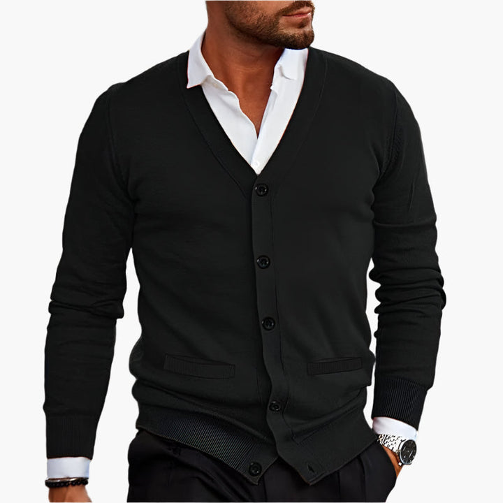 Men's V-neck button cardigan layered over a shirt