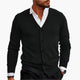 Men's V-neck button cardigan layered over a shirt