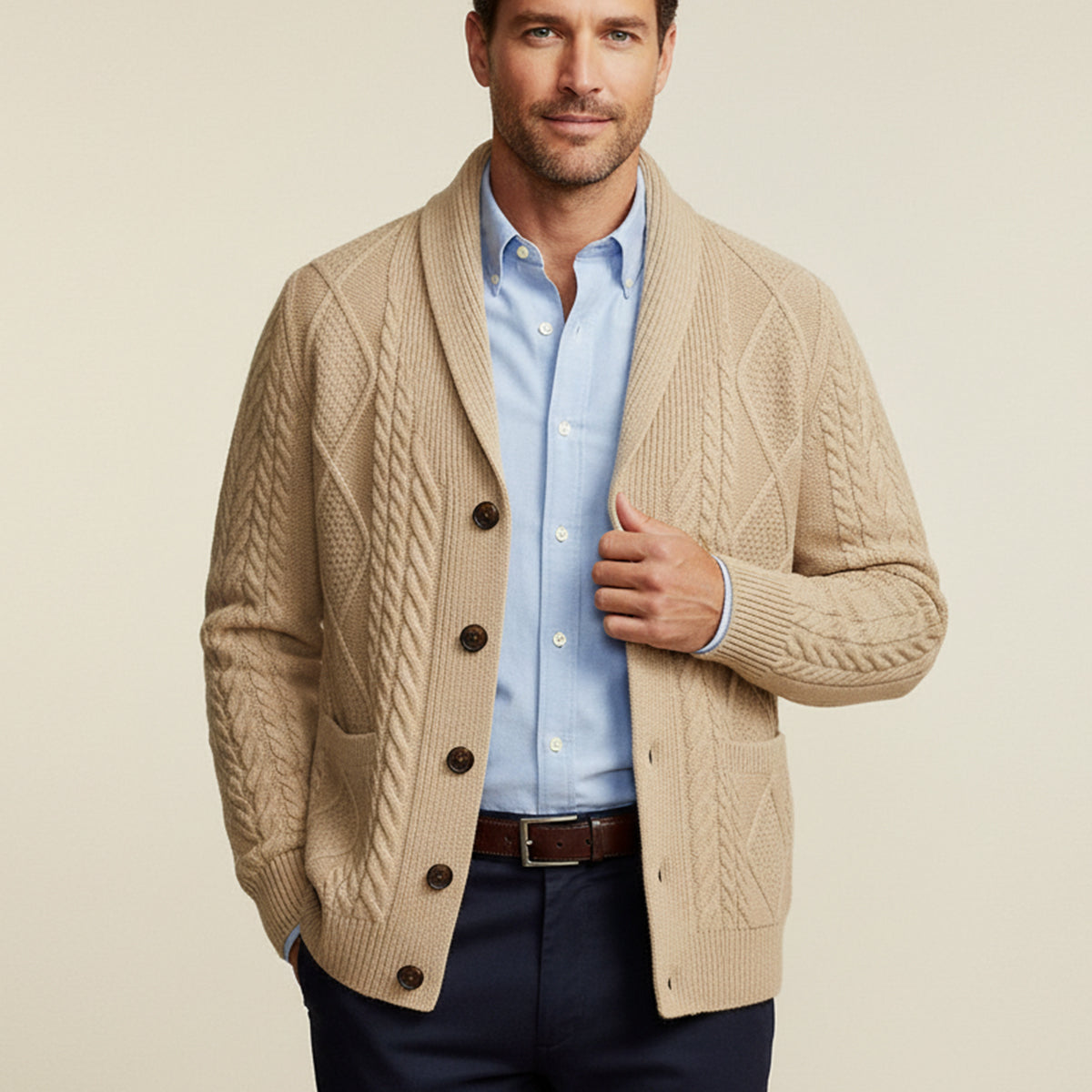 Men's textured shawl collar cardigan with button front and patch pockets