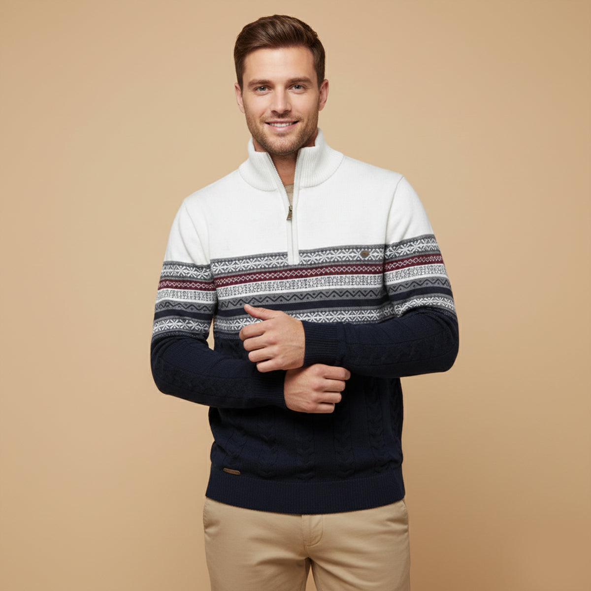 Men's quarter-zip jumper with high mock neck, geometric Fair Isle bands and textured knit detail