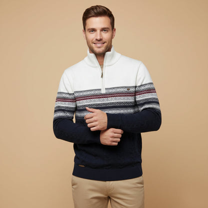 Men's quarter-zip jumper with high mock neck, geometric Fair Isle bands and textured knit detail