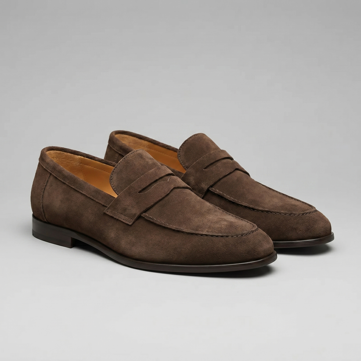 Men's penny loafers with rounded toes, strap detail and flat soles