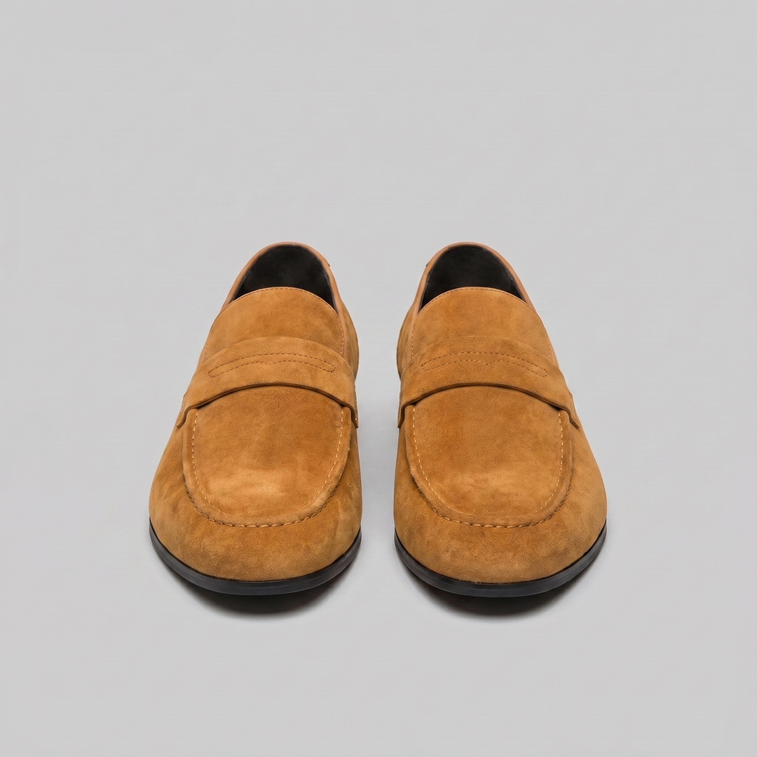 Men's penny loafers with rounded toes, strap detail and flat soles